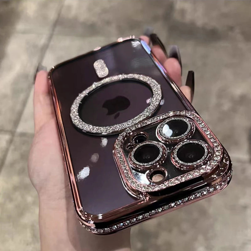 Case Bling Glitter com Strass e MagSafe à Prova de Choque para iPhone