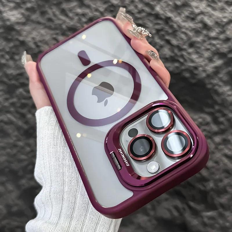 Case Magnética Luxuosa à Prova de Choque com Suporte e Proteção de Lente de Vidro para iPhone