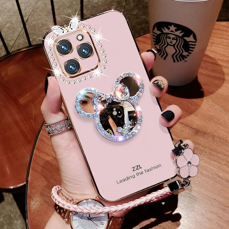 Case Glitter Diamond Cartoon com Espelho Vanity e Tampa Bling para iPhone