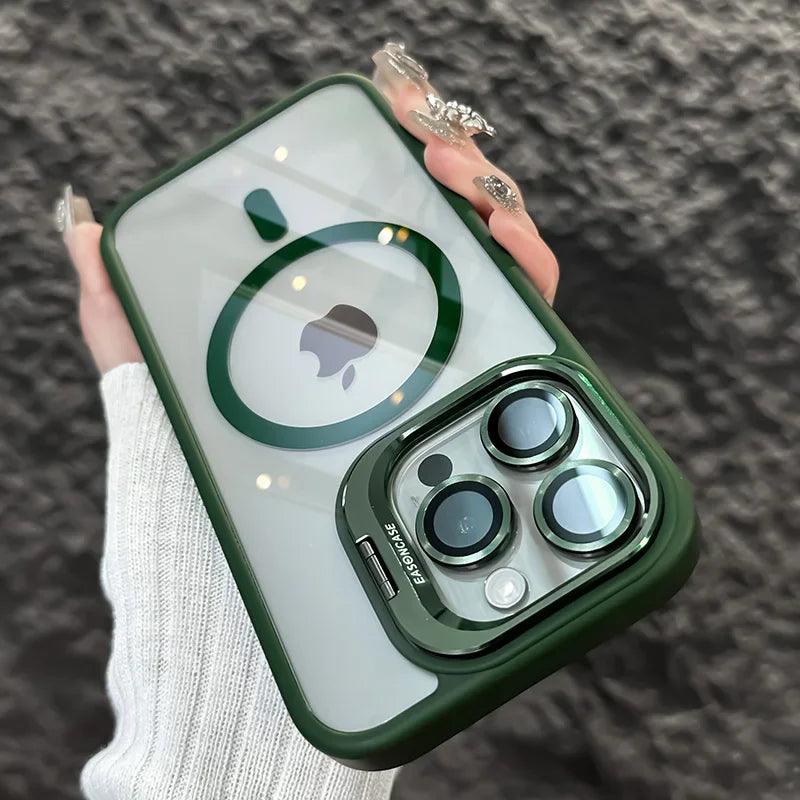 Case Magnética Luxuosa à Prova de Choque com Suporte e Proteção de Lente de Vidro para iPhone